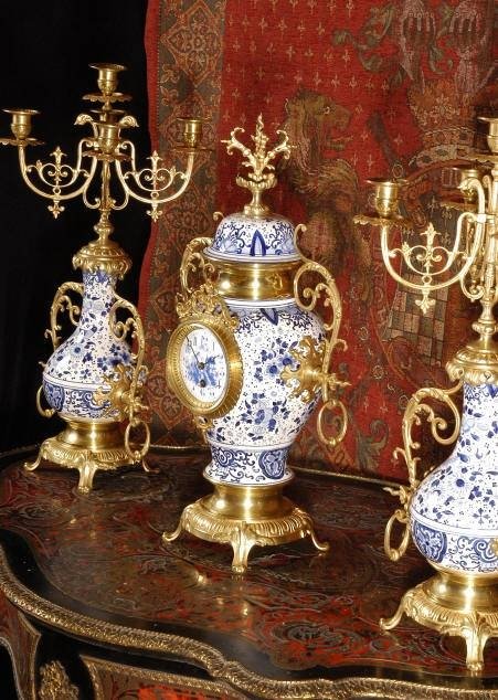 fig 1. **** SOLD **** Antique Delftware and Gilt Brass Clock Set.